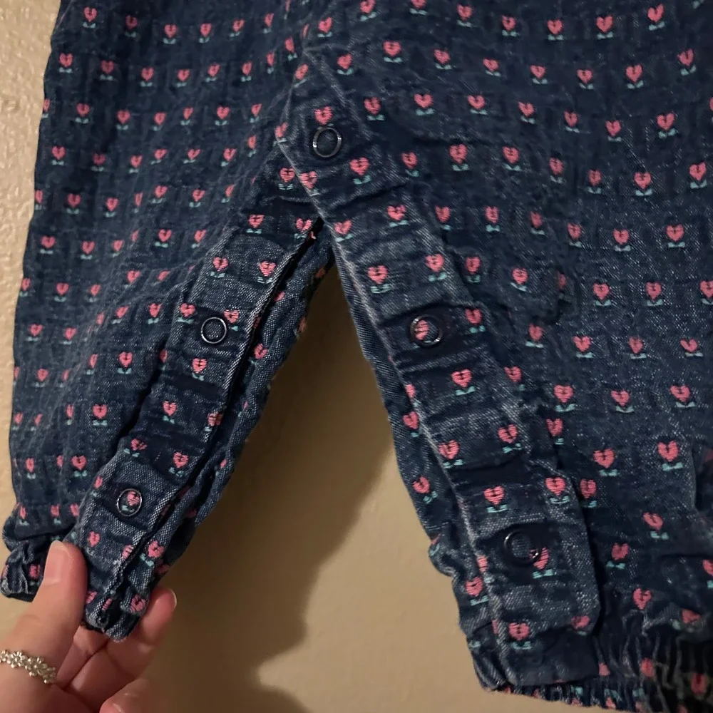Vintage OshKosh B'Gosh Denim Vestbak Pink Tulip Floral Embroidered Overalls 6-9M